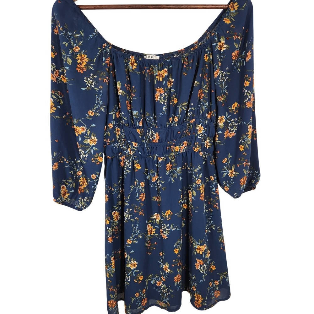 AUW Navy Blue Sheer Floral Babydoll Dress Balloon Sleeve Elastic Waist Size S